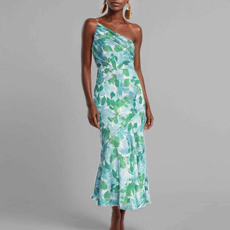 Elegant Floral Print Mermaid Maxi Dress Sexy Spaghetti Strap Asymmetrical Neckline Chic for Office or Evening Wear