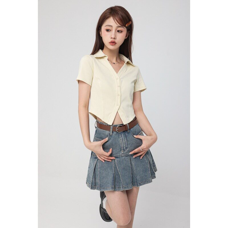 High Waisted Vintage American Style Denim Skirt Flattering A Line Silhouette Pleated Design Includes Belt Spring
