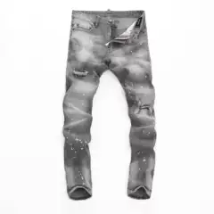 2024 Spring and Autumn Distinctive Elastic Big Break Distinctive Hong Kong Style Tight Nightclub Fashion Ripped D2 Jeans Men's Pants Grey