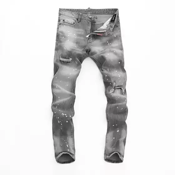 2024 Spring and Autumn Distinctive Elastic Big Break Distinctive Hong Kong Style Tight Nightclub Fashion Ripped D2 Jeans Men's Pants Grey