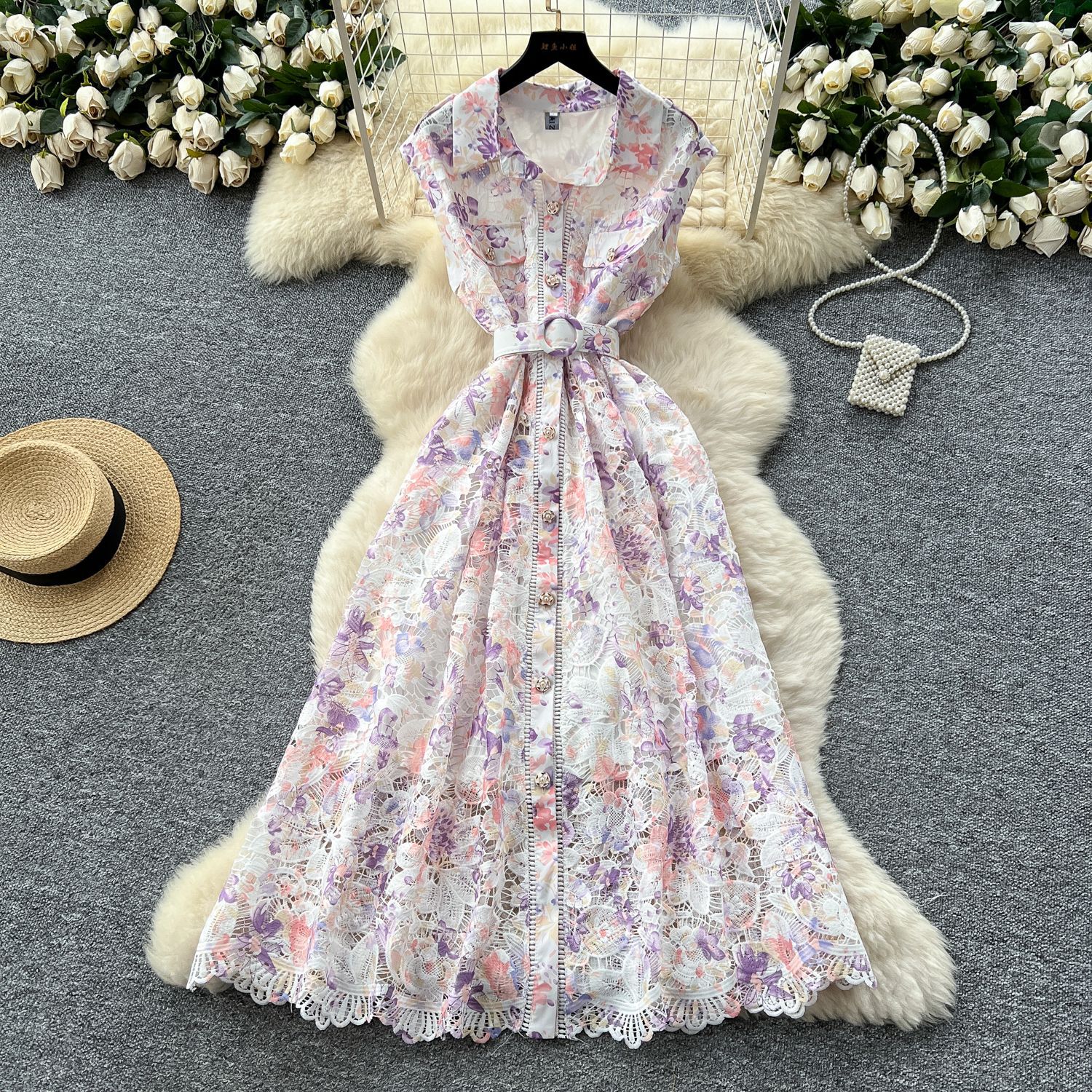 Lace Maxi Dress for Women Elegant Hollow Out Design Summer Casual Wear Available in Multiple Colors and Sizes