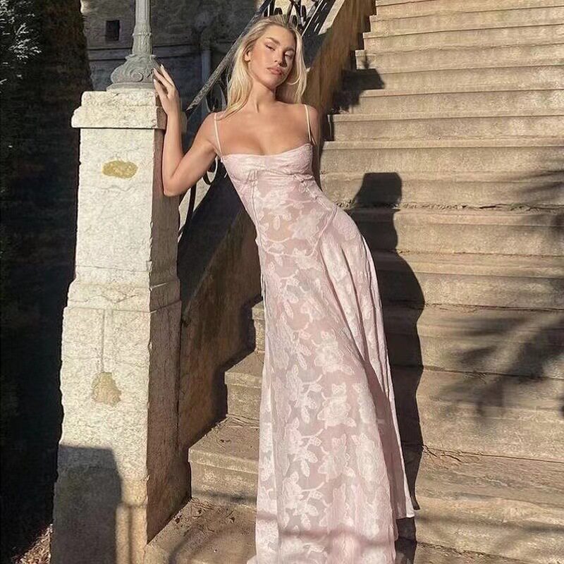 Summer Floral Maxi Dress Sexy Sheer Slim Fit Spaghetti Straps Beach Vacation Style Wholesale Available