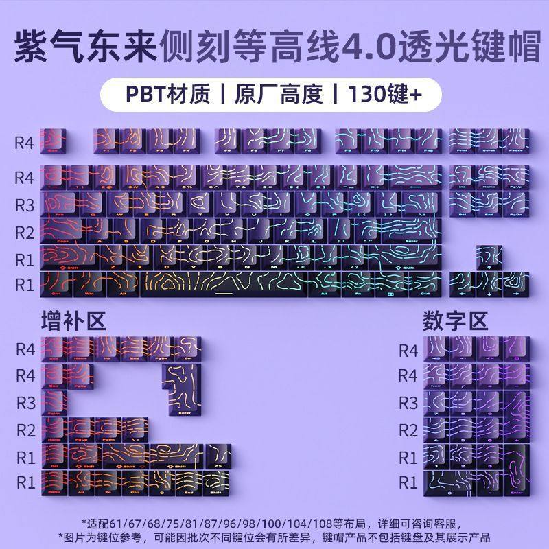 Contour 4.0 Side Engraved Translucent Keycaps Are Suitable for 60-108 Keys Pbt Injection Molding Original Height Character Lines Translucent