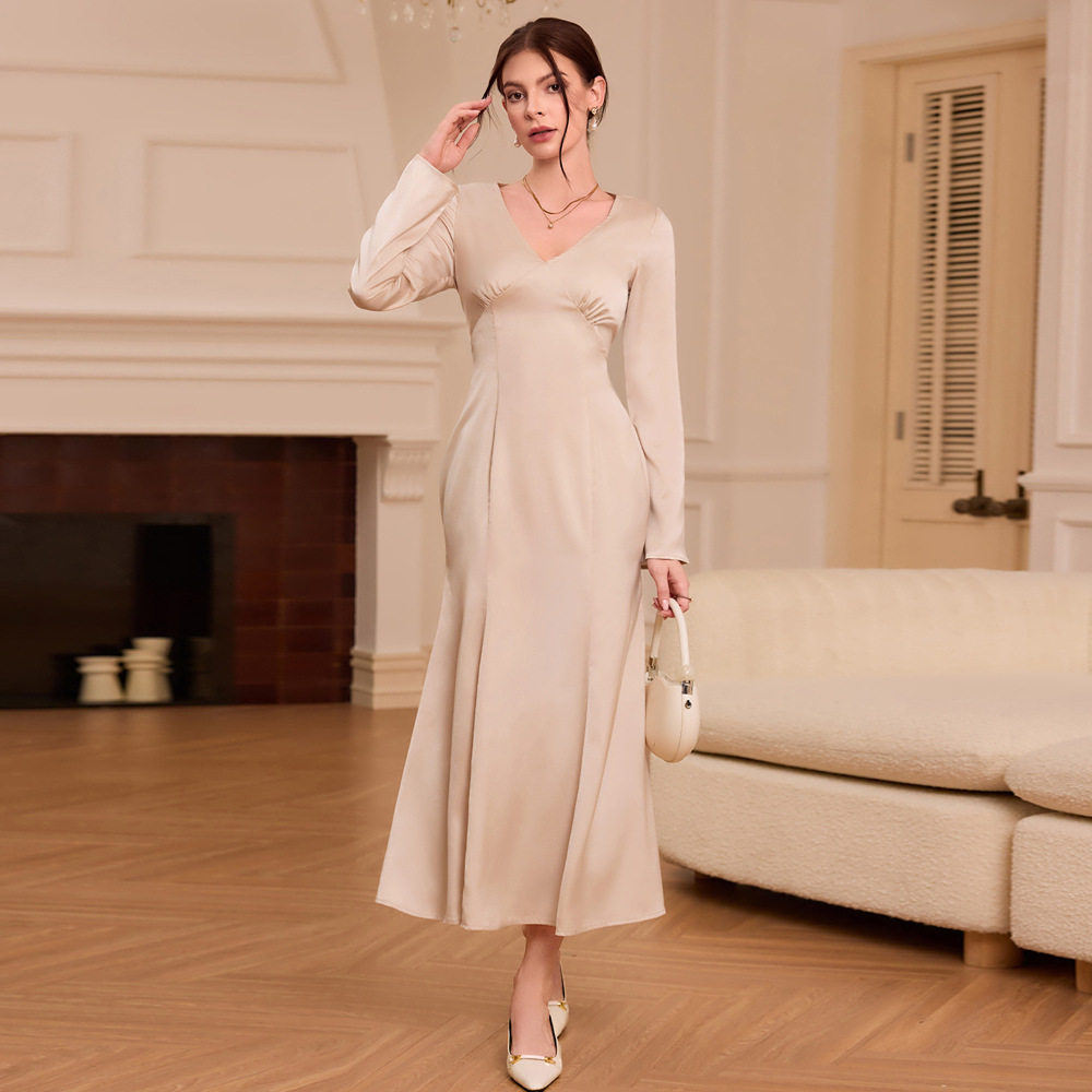 French V Neck Satin Maxi Dress High Waist Slim Fit Elegant Style Perfect for Autumn and Winter Wholesale Available