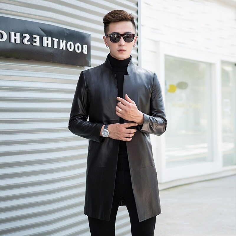 Áo Khoác Da Cừu Nam Dáng Ôm Phong Cách Hàn Quốc Cổ Trụ Dáng Dài Màu Đen