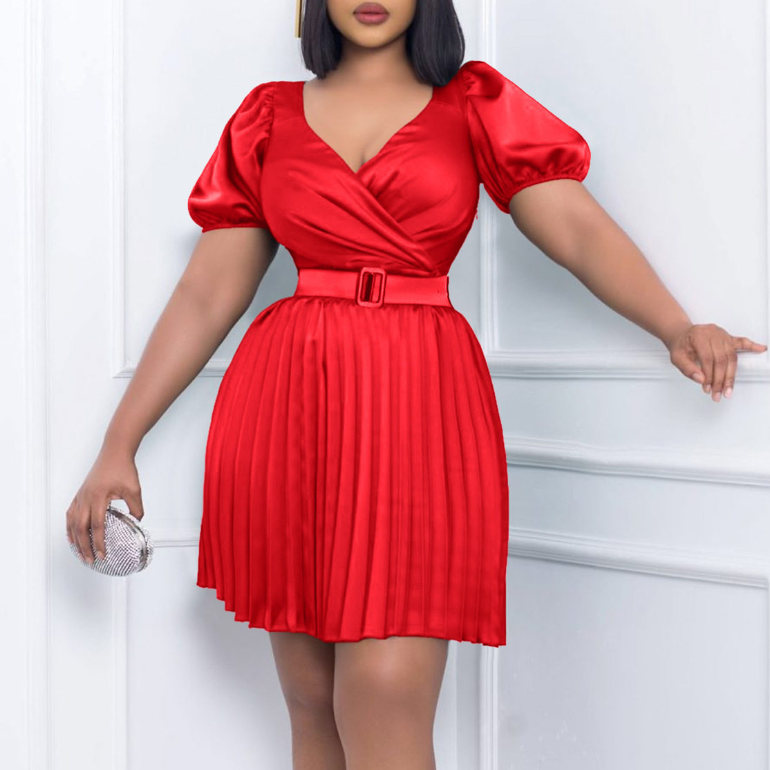 Summer Womens Dress V Neck Pleated Waist Defined Elegant Casual Style for Parties or Events Wholesale Available