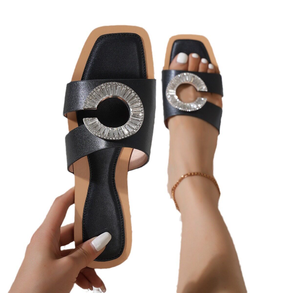 Cross-border Hot Selling Summer Women's Slippers Square Head Flat Bottom Rhinestone Decoration High-grade Sandals Southeast Asia Foreign Trade Shoes