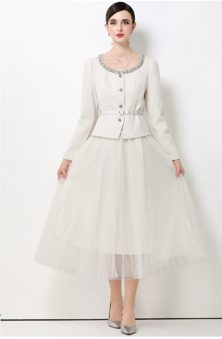 Chic Womens Suit Jacket Beaded Round Neck Waist Cinched Design High Waisted Tulle Pleated Skirt Elegant French Style