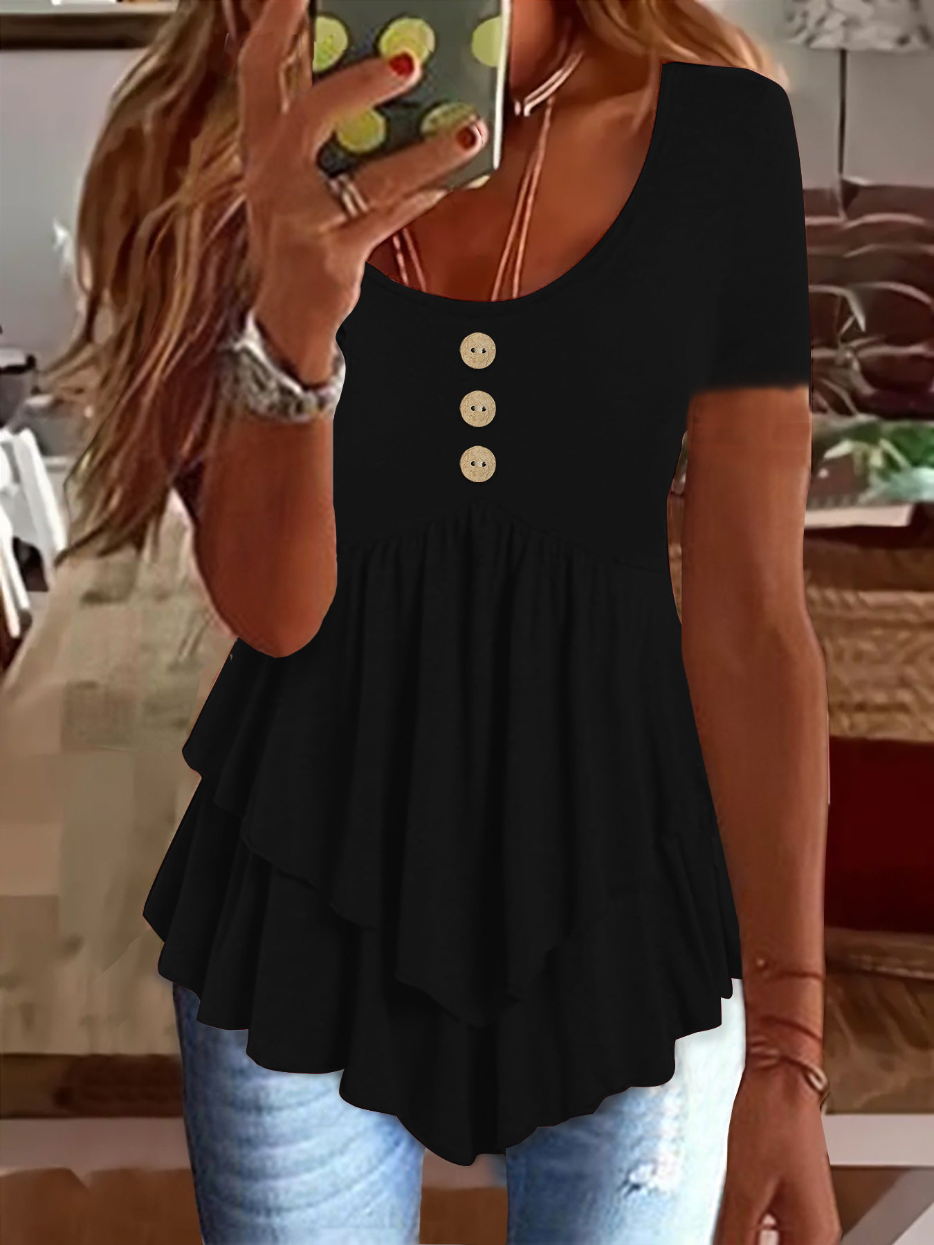 2025年新款亚马逊跨境欧美女装时尚三粒扣休闲纯色短袖连衣裙上衣