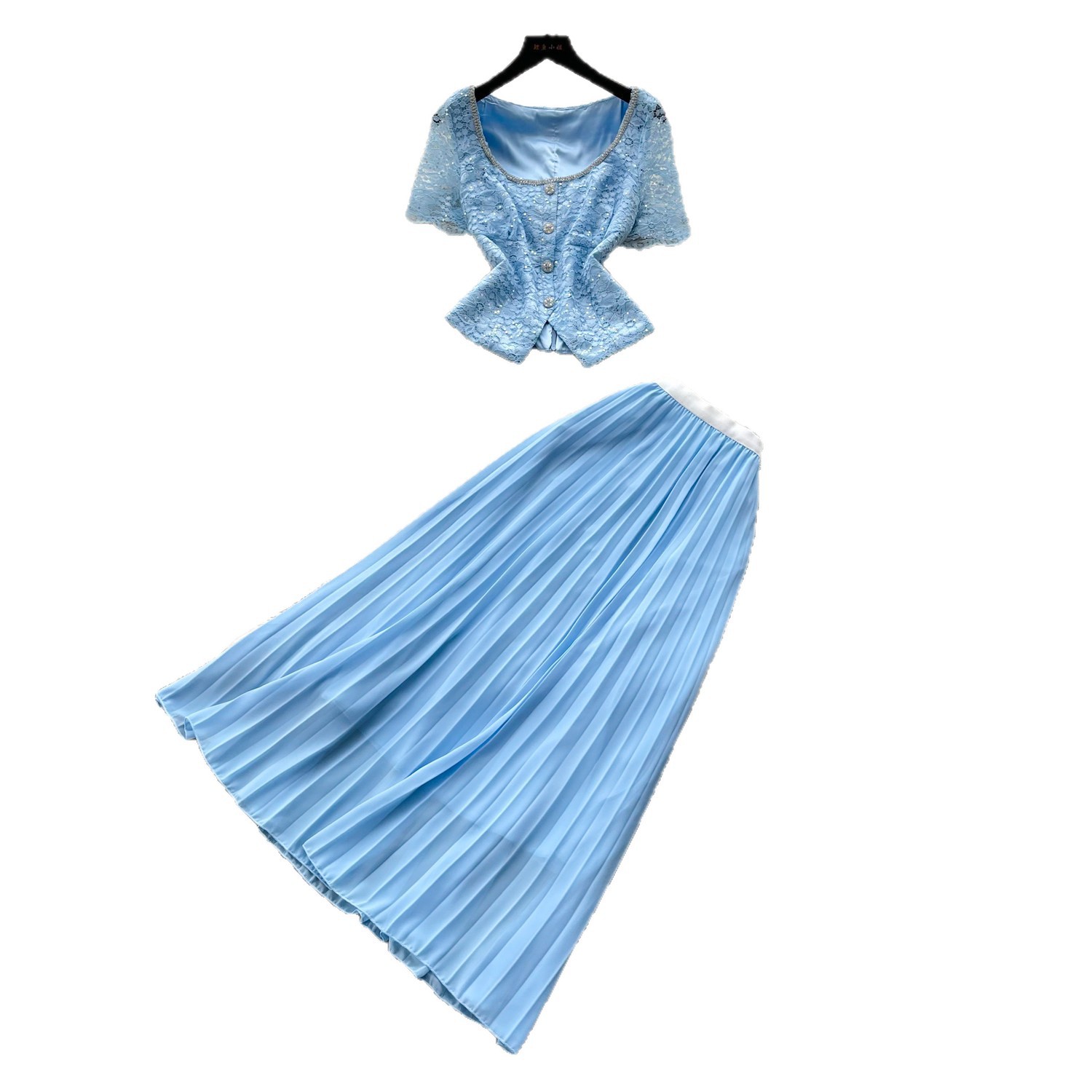 Lace V Neck Tank Top and High Waisted Pleated Skirt Set Elegant Soft French Style Summer Fashion for Women Wholesale