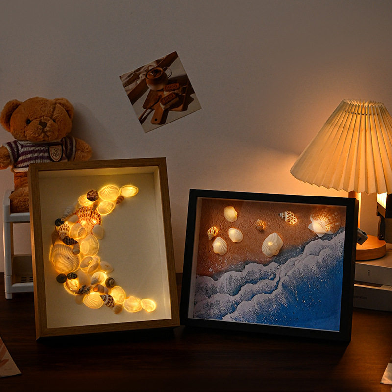 Beach Shell Collection Night Light Frame Picture Frame Hollow Photo Frame Album Creative Decoration Three-Dimensional Ornament with Light