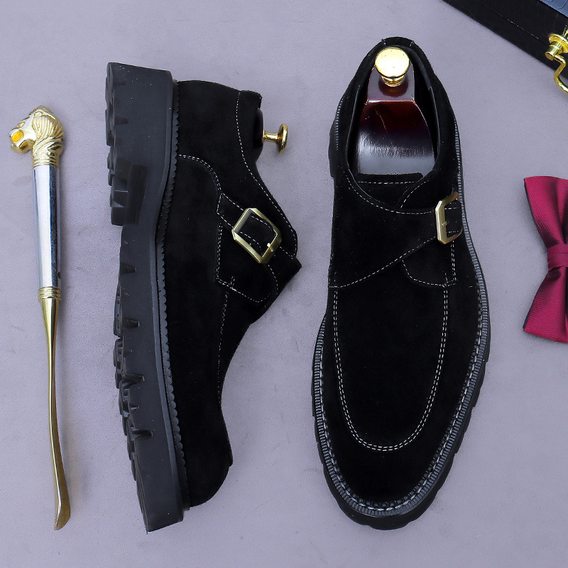 Giày loafer nam da bò lộn mũi tròn khóa cổ điển đế dày tăng chiều cao — đen, màu nâu mocha