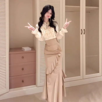 Autumn Special Design Long-Sleeved Top + Personalized Long Skirt Suit for Ladies Slimming Waist Two-Piece Set