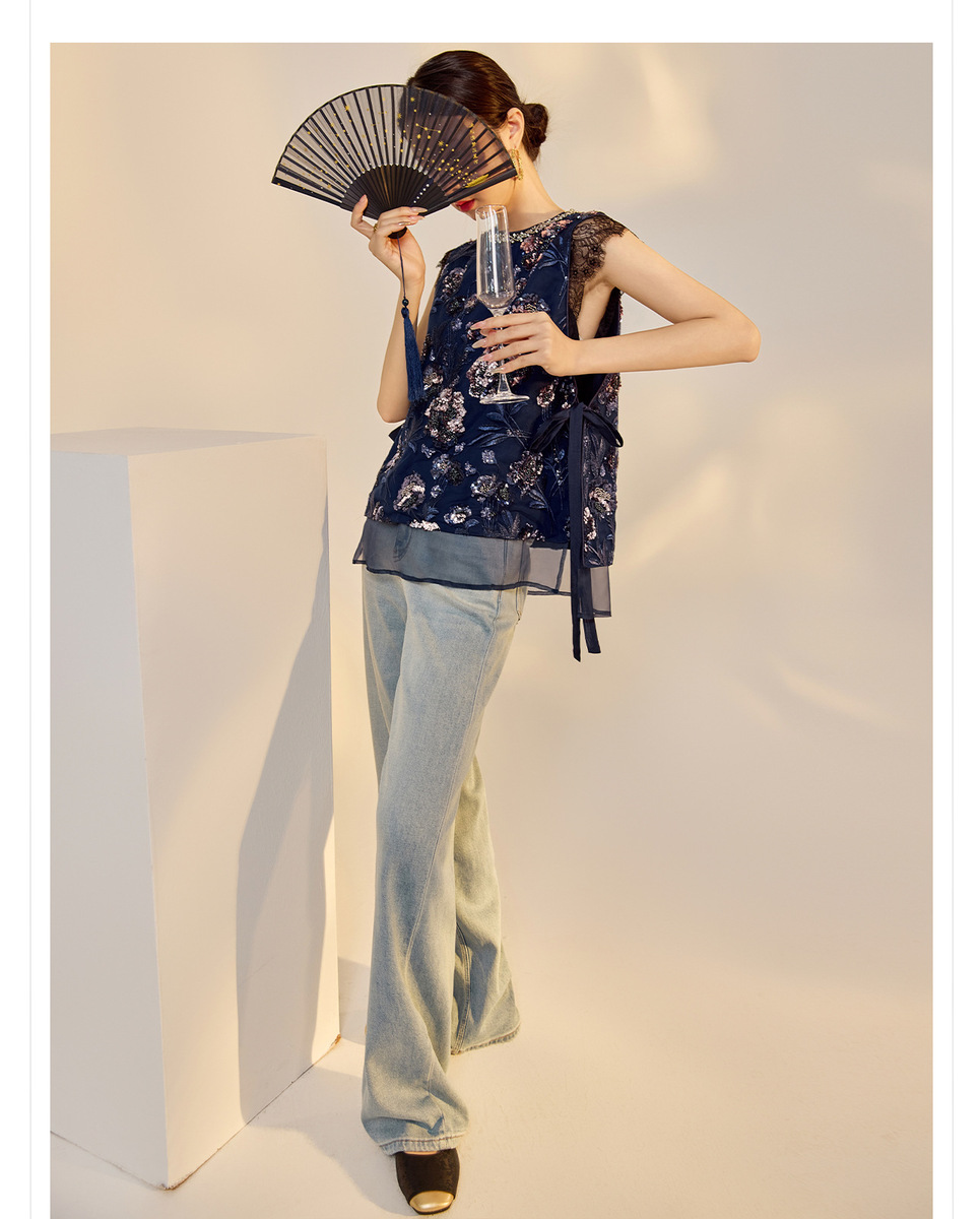 Áo vest nữ thêu cườm đính đá cổ tròn phối hoa văn — Jiyue Blue (giao hàng trong 7 ngày), Jiyue Blue (phát hành cùng ngày)