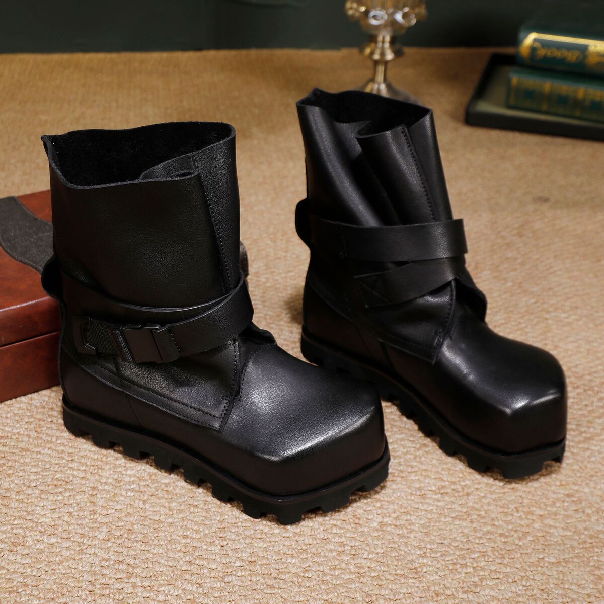 Boot nữ cổ ngắn da bò thật phong cách cổ điển — đen, màu nâu