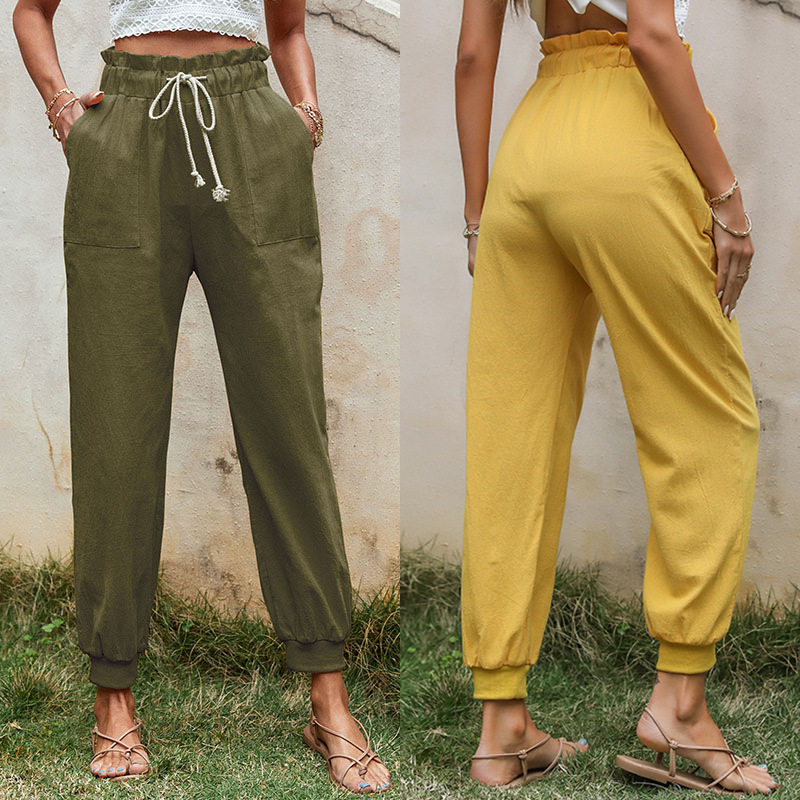 Casual Cotton Linen Jogger Pants Solid Color Drawstring Straight Leg Stylish for Everyday Wear Wholesale Available