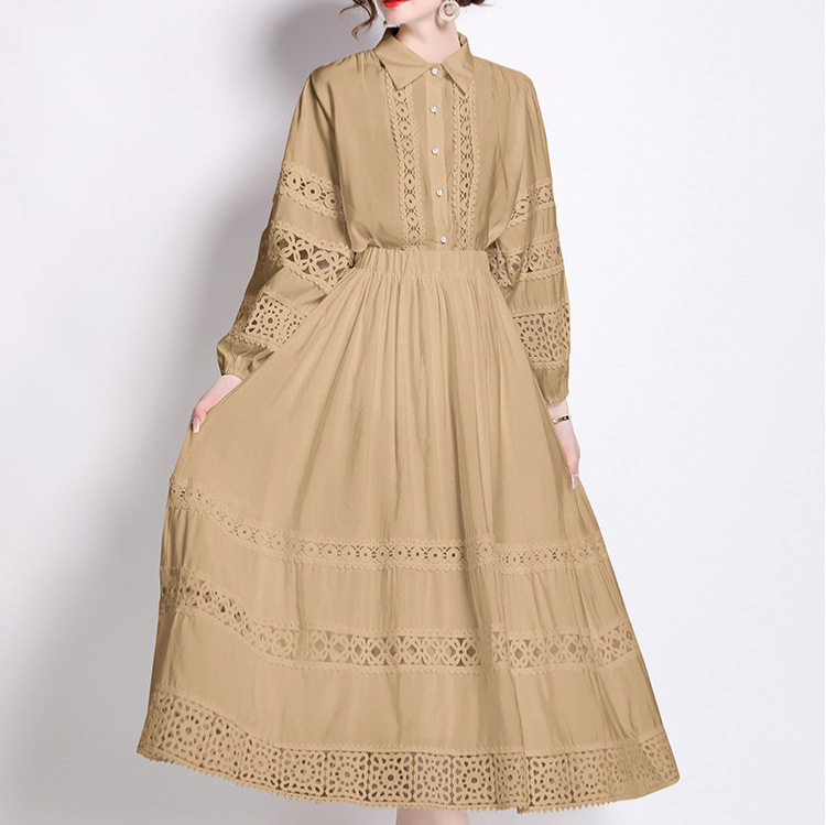 Fashionable Womens Set Stylish Lapel Shirt with Lantern Sleeves and Lace Details High Waisted Skirt Autumn Collection