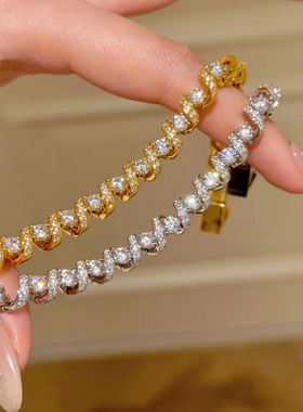 18K真金电镀锆石扭曲弹簧拼接手链轻奢感手环手镯复古气质手饰 女