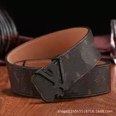 Classic Men's Leather Belt with Gold Buckle and Black Floral Pattern, High-Quality V-Letter Buckle Belt