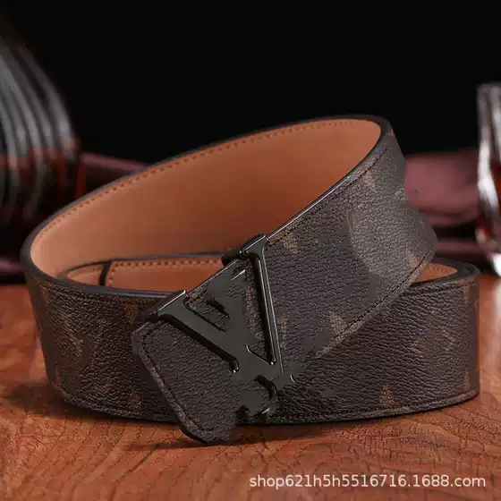 Classic Men's Leather Belt with Gold Buckle and Black Floral Pattern, High-Quality V-Letter Buckle Belt