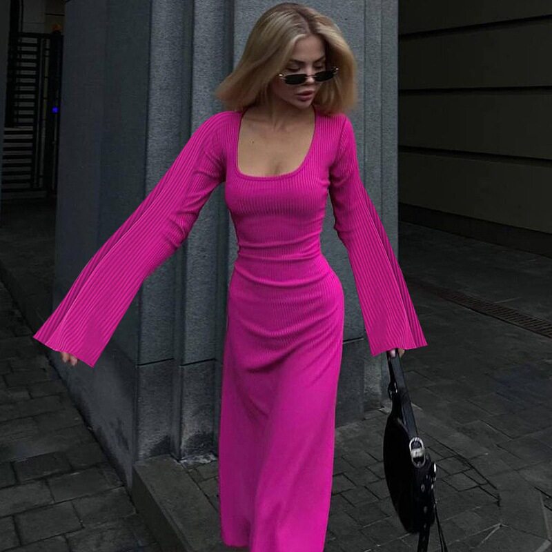 Fashionable Loose Fit U Neck Long Sleeve Dress Back Tie Design Autumn Collection Wholesale Available