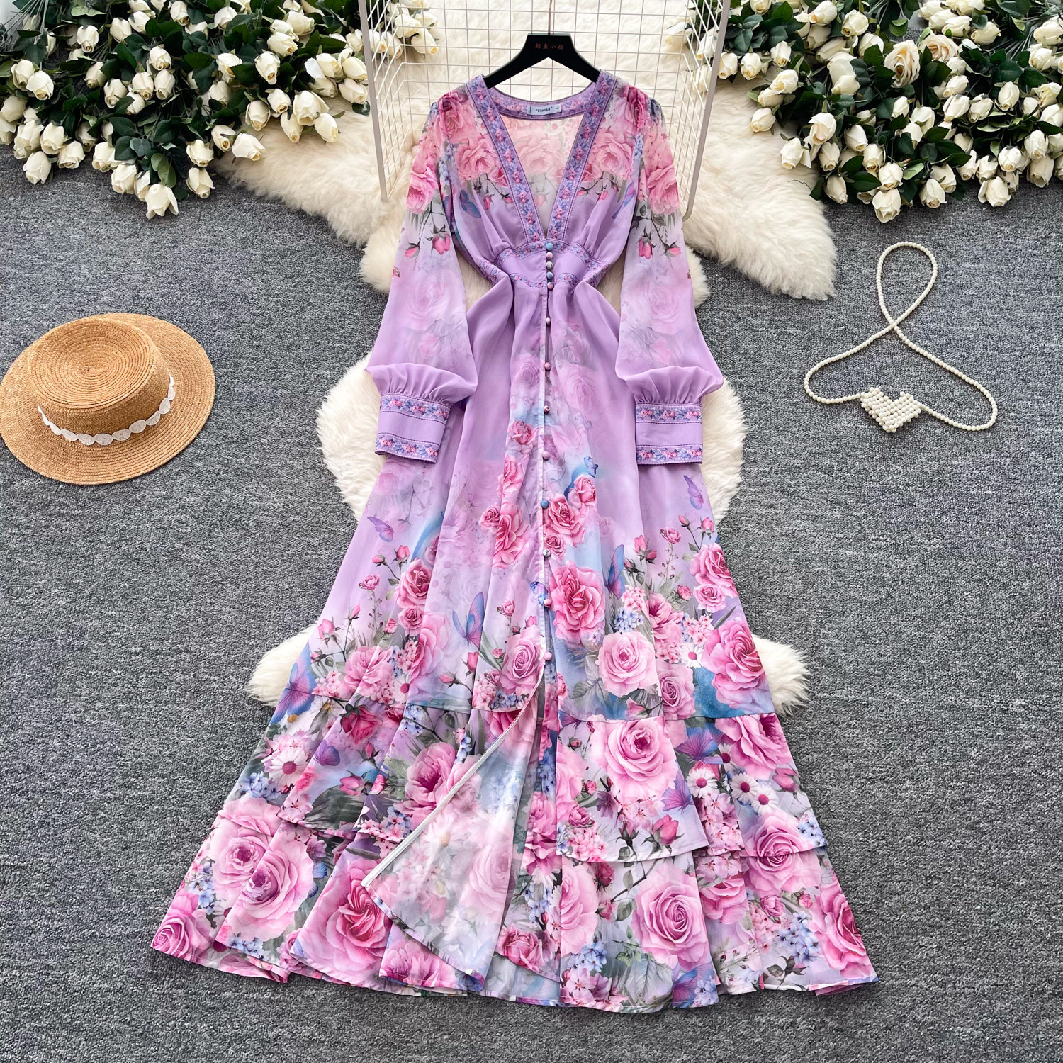 Floral Print Long Sleeve A Line Dress French Vacation Style Bell Sleeves Waist Tie Elegant Design Perfect for