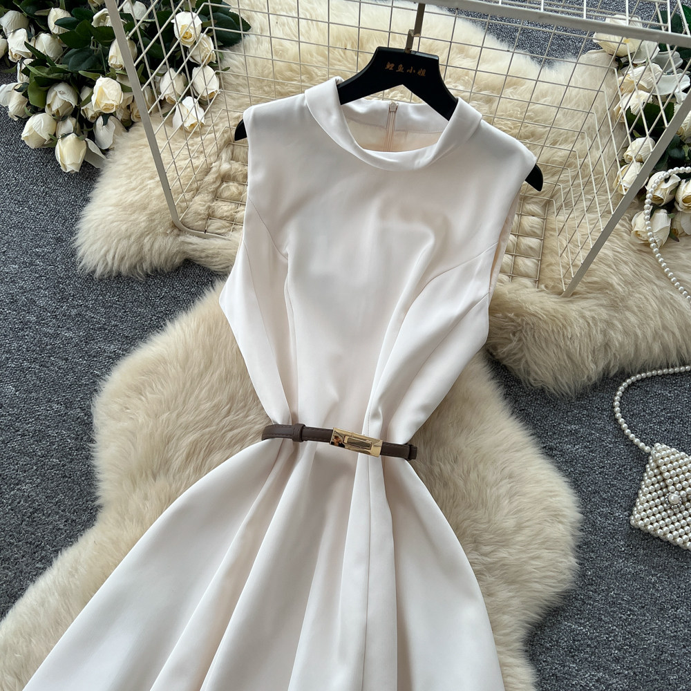 Sleeveless A Line Dress High Waist Elegant Korean Style White Summer Fashion for Women Wholesale Available