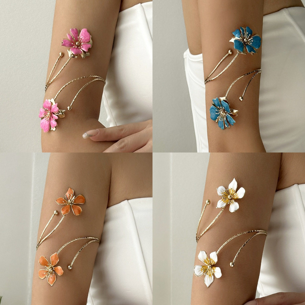 Bohemian Floral Enamel Drip Flower Bracelet for Women, Open Arm Ring, Versatile Party Arm Ring, Party Dance Accessory