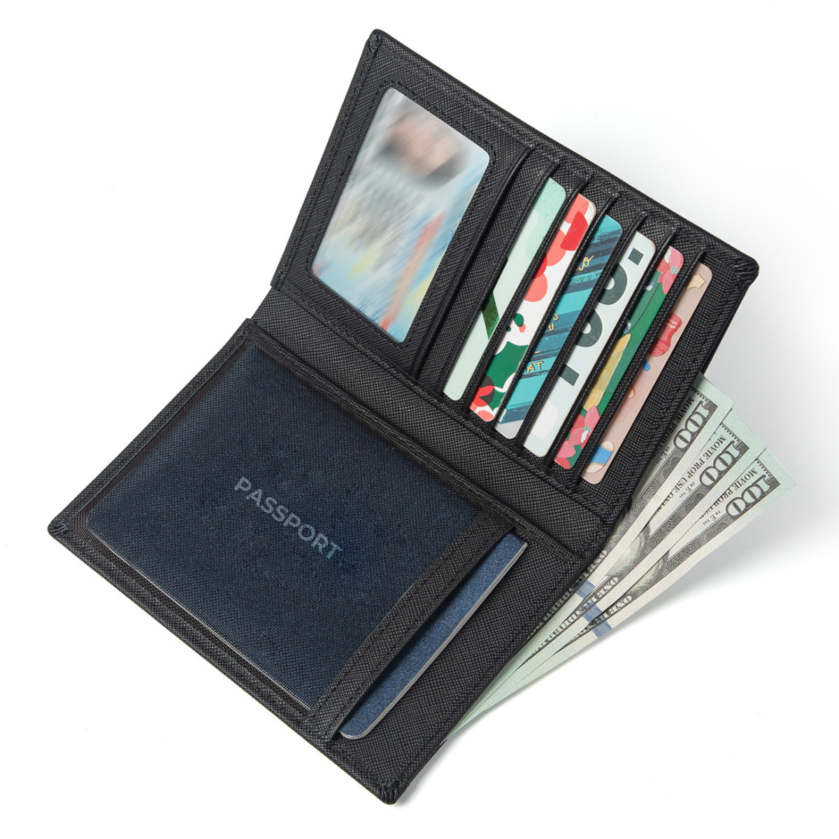 Ví passport da thật phong cách cổ điển nhiều khe thẻ chống trộm RFID kèm ngăn đựng tiền lẻ — Đen (da Nappa), Màu đen (mẫu chữ thập), Nâu đậm (da ngựa điên)