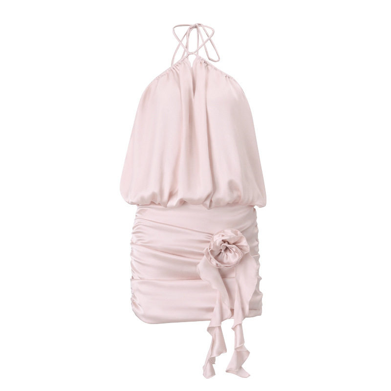 Backless Floral Satin Midi Dress Sweet and Elegant Design Perfect for Autumn Events Wholesale Available