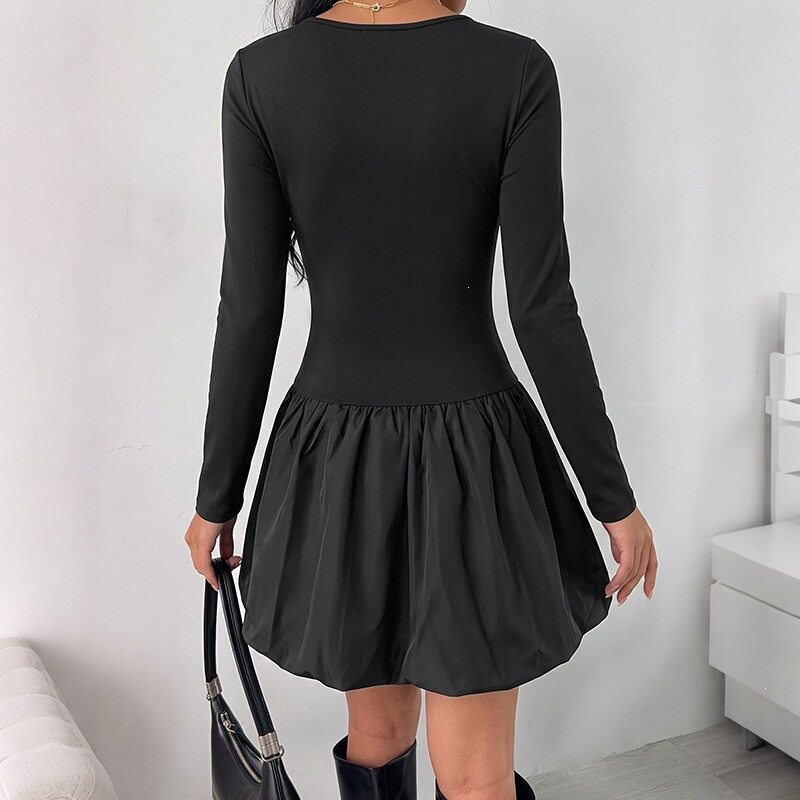 Casual Black Puff Sleeve Mini Dress Square Neck Floral Design Comfortable Fit Perfect for Spring Summer Wholesale