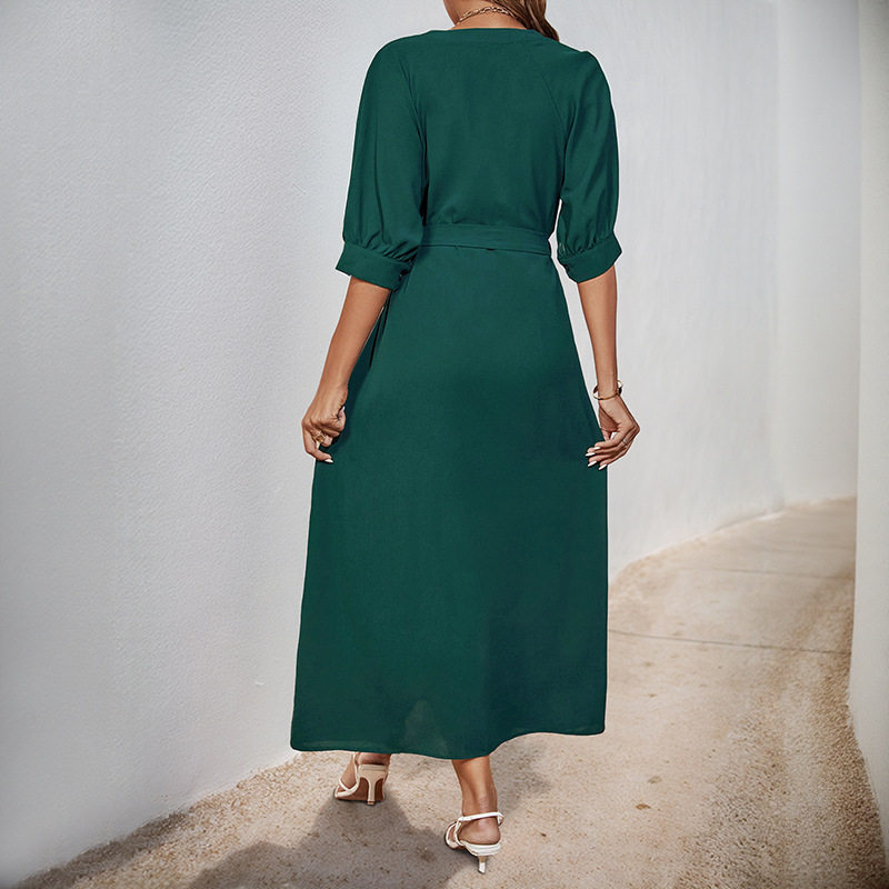 Summer Shirt Dress V Neck Tie Waist Mid Sleeve Green Casual Wear for Women Wholesale Available