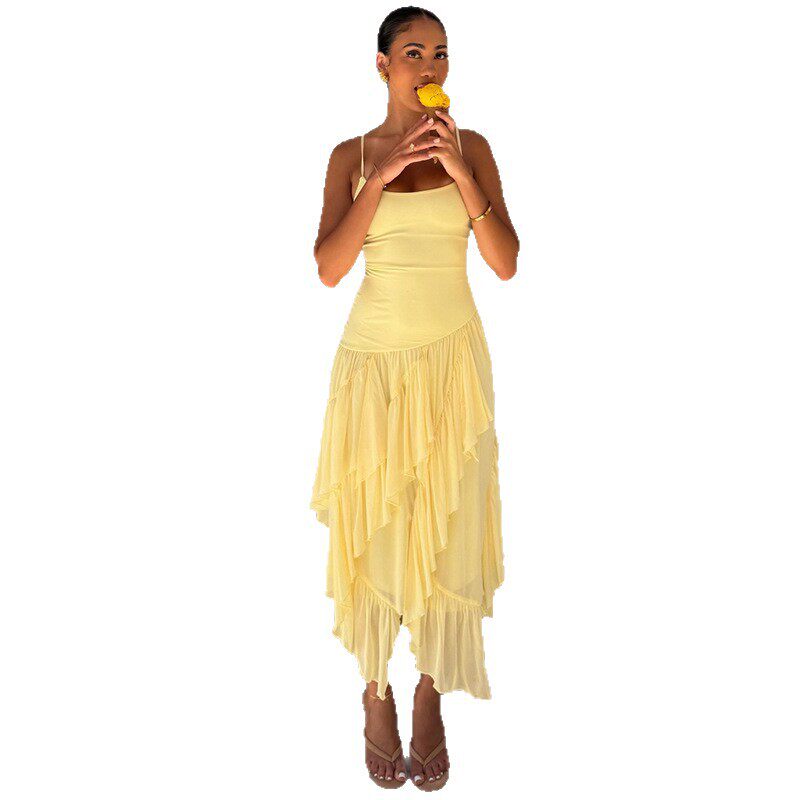 Summer Womens Dress Sexy Spaghetti Strap Elegant Ruffle Design Asymmetrical Hem Perfect for Parties or Casual