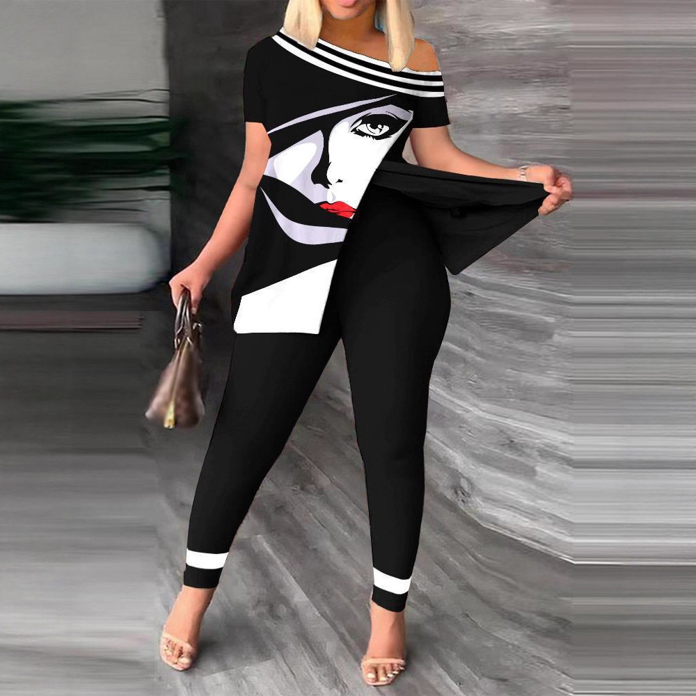 2024秋季欧美跨境女装亚马逊速卖通斜领长裤两件套时尚印花套装女