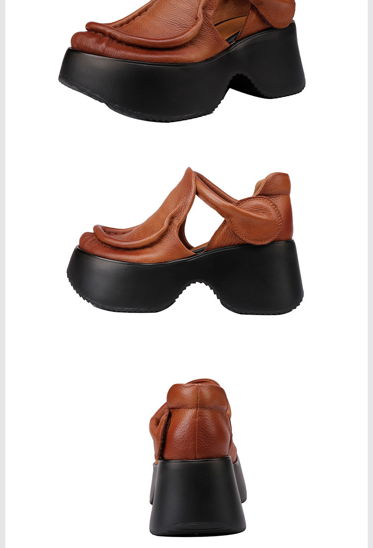 Sandal La Mã nữ da bò thật đế dày gót xuồng mũi tròn — màu đen, Màu nâu