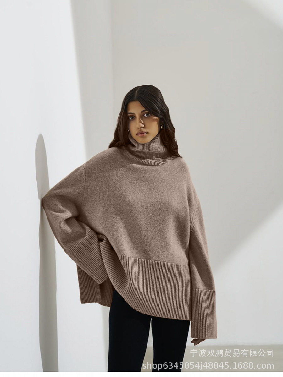 Loose Fit Turtleneck Sweater Solid Color Knitted Split Hem Autumn Winter Womens Fashion Wholesale Available