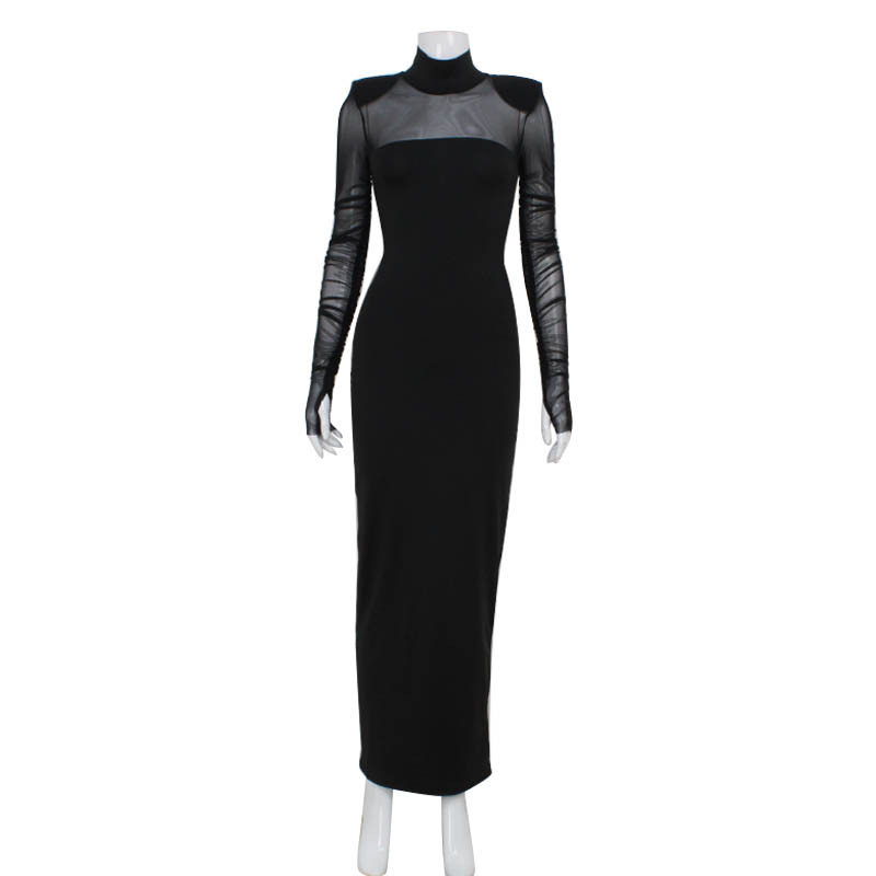 Elegant Womens Long Dress Half Turtleneck Sheer Mesh Panels Fitted Silhouette Solid Color Shoulder Pads Evening