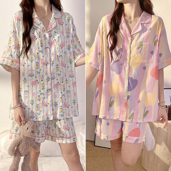 Short-sleeved Moonborn Clothing with Chest Pad Summer Thin Cardigan Pregnant Women's Large Size Breastfeeding Clothes Pure Cotton Breastfeeding Home Suit