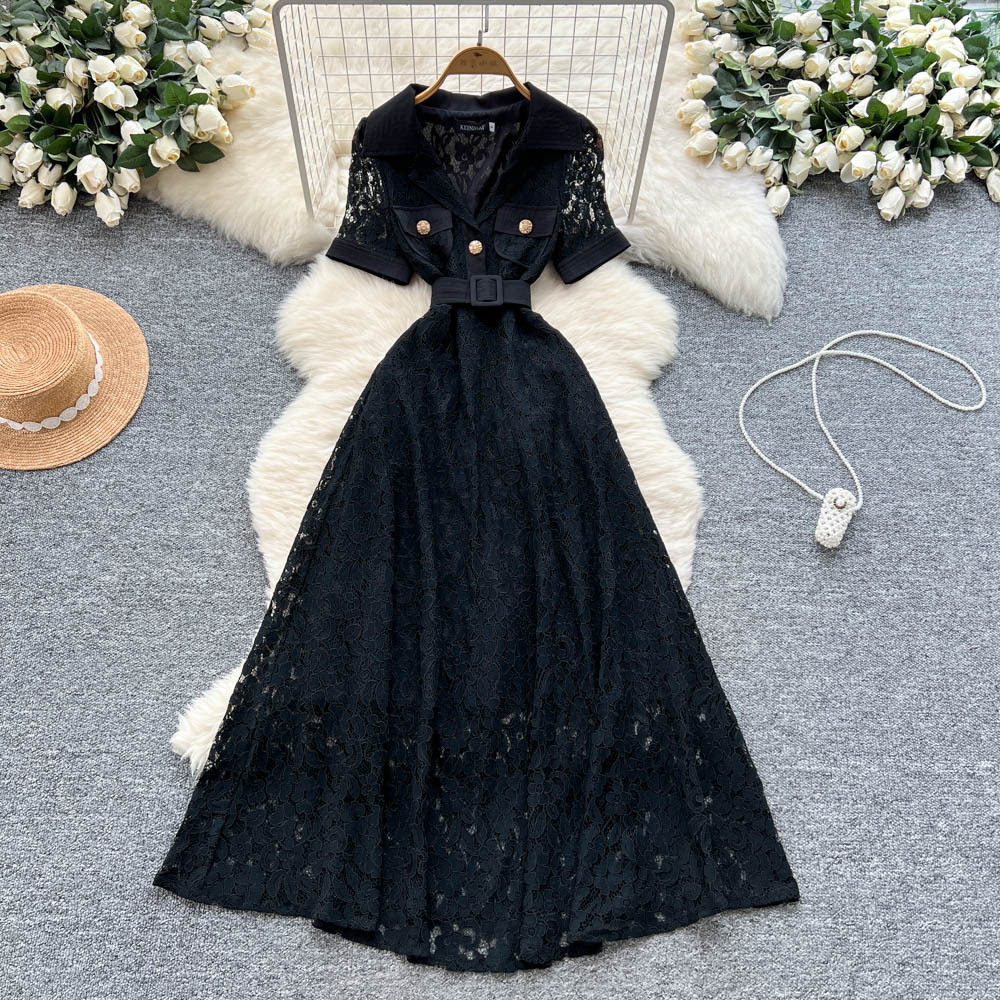 Elegant French Style Short Sleeve Dress for Women Lace Belted Flared Skirt Summer Occasion Wholesale Available