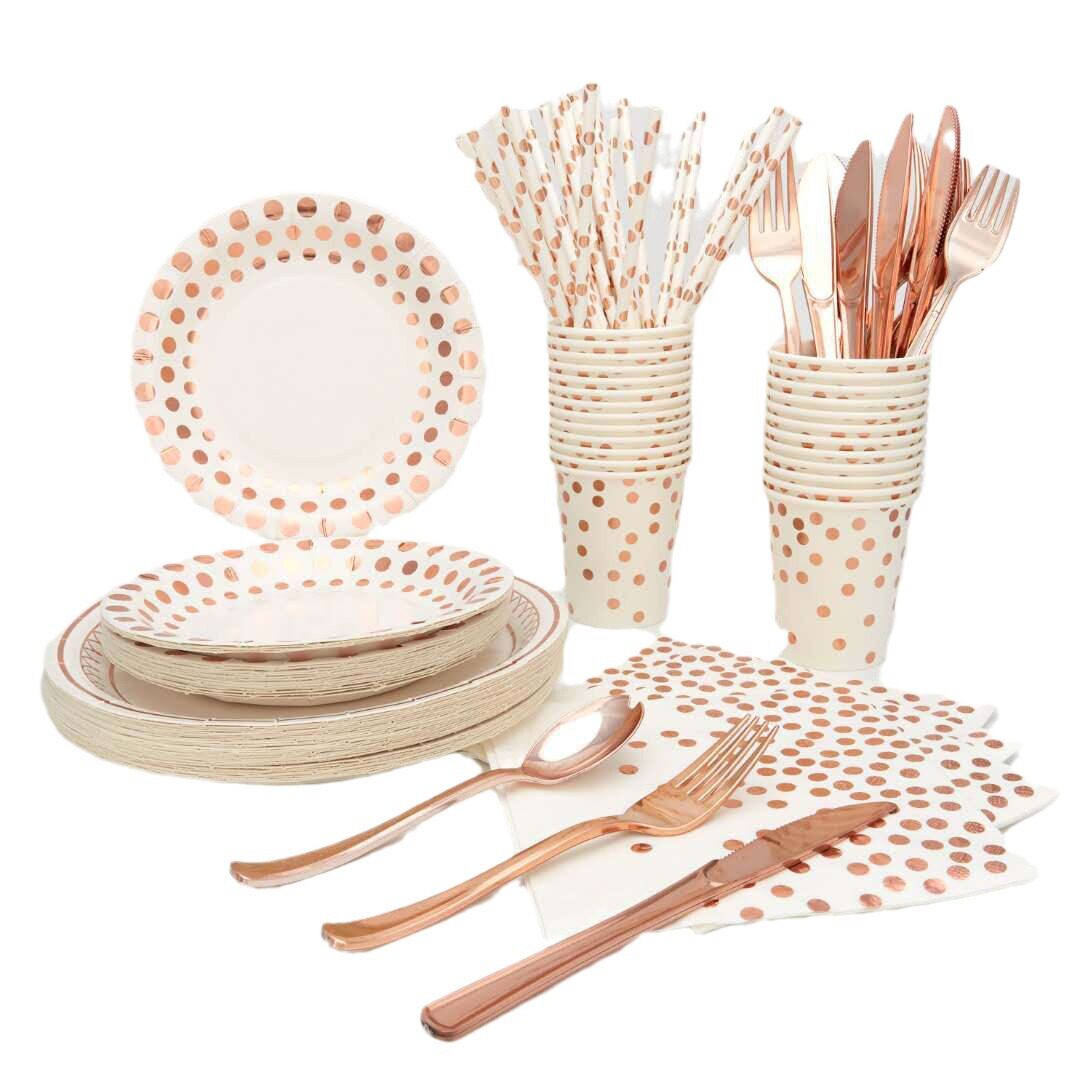 Hot Rose Gold Dot Disposable Degradable Paper Plate Paper Cup Knife, Fork and Spoon Tableware Set Hotel Restaurant Western Food Supplies