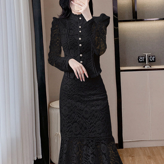 French Style Elegant Lace Top with Stand Collar and Puff Sleeves High Waist Mermaid Skirt Set Chic Two Piece Outfit for