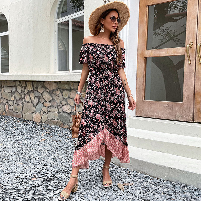 Vintage Floral Print Off Shoulder Dress Summer Style European and American Design Perfect for Casual Outings
