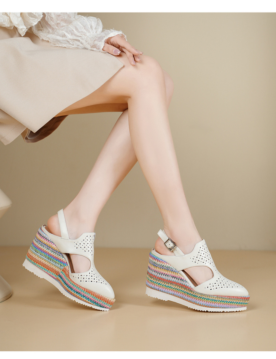 Sandal La Mã nữ da thật gót xuồng 10cm đế bánh mì tăng chiều cao — Màu be, Màu xanh dương