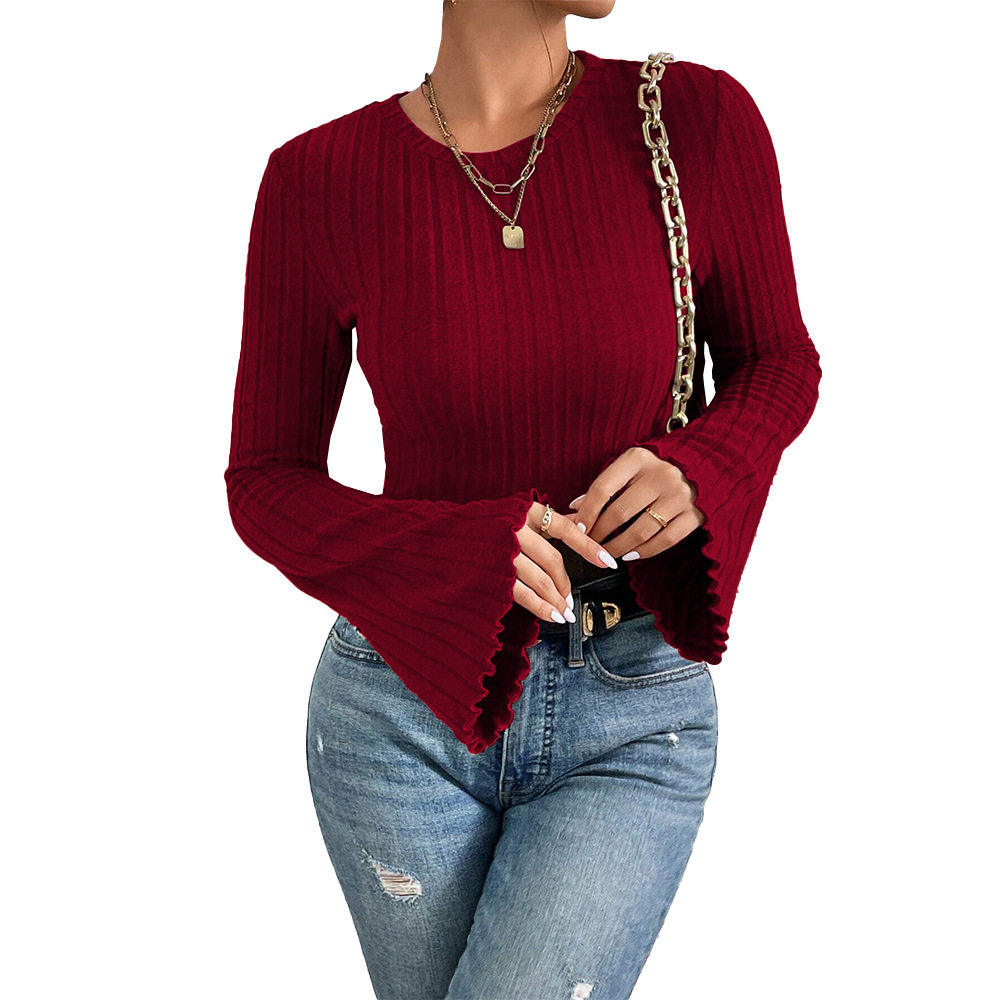 Round Neck Bell Sleeve Burgundy T Shirt Spring Summer Fashion Versatile Office Wear Wholesale Available