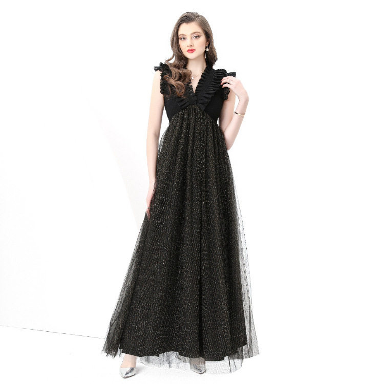 Elegant French Style Dress Ruffled V Neck Waist Defining Slim Fit Sheer Long Skirt Perfect for Formal Occasions