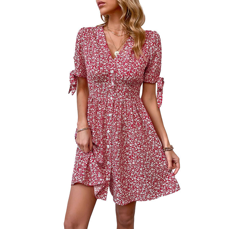 V Neck Floral Print Short Split Dress Summer Style Womens Casual Wear Wholesale Available private label