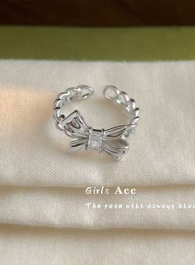 个性甜酷风蝴蝶结戒指女小众轻奢风锆石食指戒百搭气质级感指环