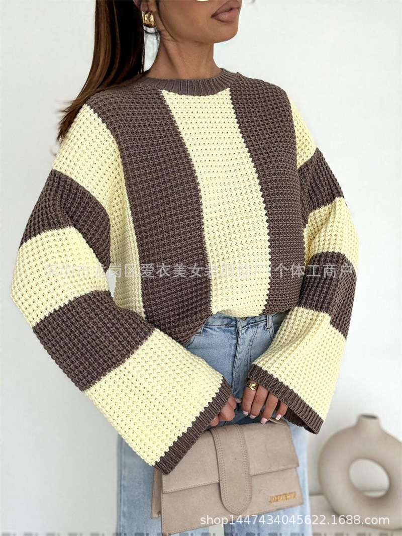 2025wish秋冬女装欧美休闲时尚宽松长袖拼色套头新款毛衣女3色