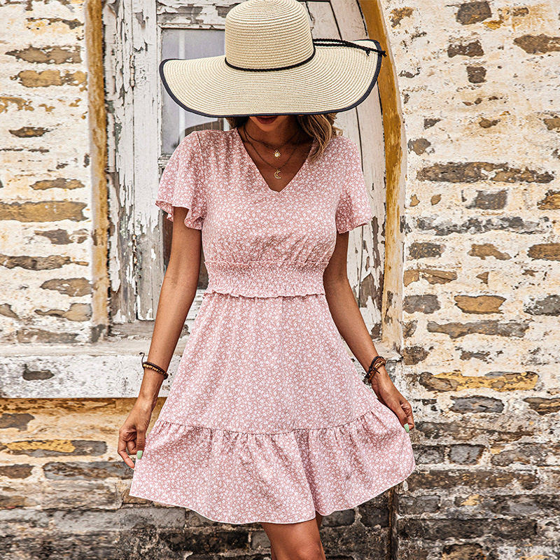 Floral Midi Dress Elegant Sweet Style Pink Color Ruffled Hem V Neck Perfect for Spring Summer Events Wholesale