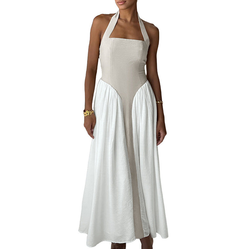 Color Block Halter Backless Maxi Dress Casual Vacation Style Comfortable Fit Available for Wholesale